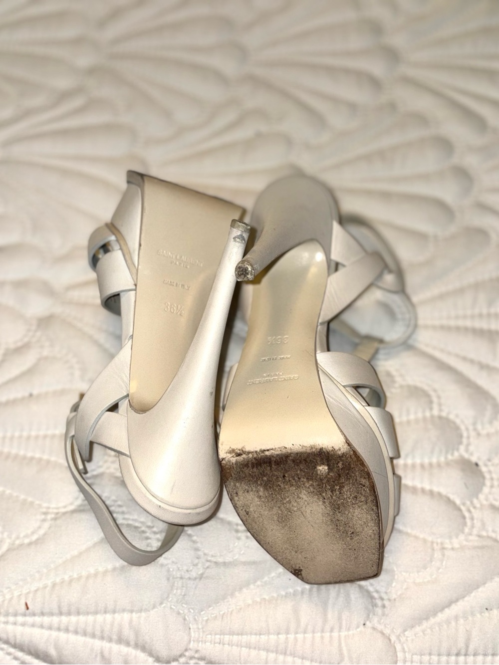 Saint Laurent White Leather Woven T-Strap Platform Sandals - Picture 6 of 10